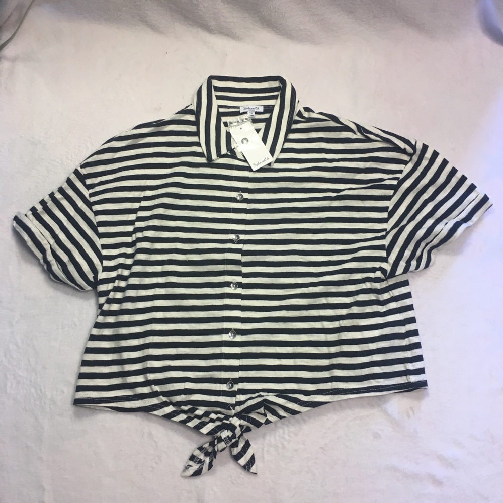 Splendid Striped Button Down Top Womens Medium Navy Natural NEW‎ Tie Front